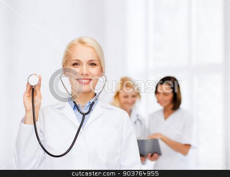 To use this stock image in your creative project, please select the size you need over to the right and click the "Add to Cart" button.
Your downloaded image will come with the Cutcaster watermark removed so don’t worry about the watermark you see on this page. smiling female doctor with stethoscope stock photo, healthcare and medicine concept - smiling female doctor with stethoscope by Syda Productions