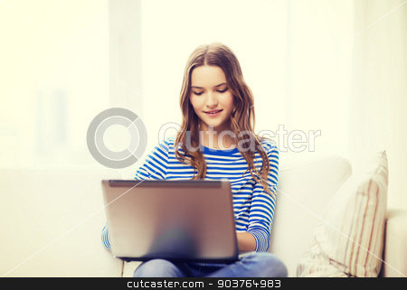 To use this stock image in your creative project, please select the size you need over to the right and click the "Add to Cart" button.
Your downloaded image will come with the Cutcaster watermark removed so don’t worry about the watermark you see on this page. smiling teenage girl with laptop computer at home stock photo, home, technology and internet concept - smiling teenage girl lying on the couch with laptop computer at home by Syda Productions