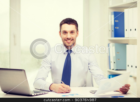 To use this stock image in your creative project, please select the size you need over to the right and click the "Add to Cart" button.
Your downloaded image will come with the Cutcaster watermark removed so don’t worry about the watermark you see on this page. smiling businessman with laptop and documents stock photo, office, business, technology, finances and internet concept - smiling businessman with laptop computer and documents at office by Syda Productions