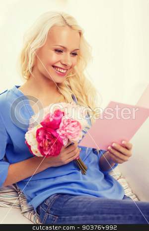 To use this stock image in your creative project, please select the size you need over to the right and click the "Add to Cart" button.
Your downloaded image will come with the Cutcaster watermark removed so don’t worry about the watermark you see on this page. smiling woman with card and bouquet of flowers stock photo, holiday, celebration, home and birthday concept - smiling young woman with greeting card and bouquet of flowers by Syda Productions