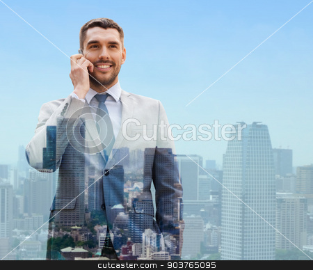 To use this stock image in your creative project, please select the size you need over to the right and click the "Add to Cart" button.
Your downloaded image will come with the Cutcaster watermark removed so don’t worry about the watermark you see on this page. smiling businessman with smartphone in city stock photo, business, technology, communication and people concept - smiling businessman with smartphone talking over city background by Syda Productions
