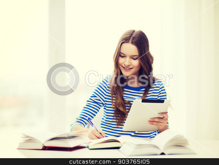 To use this stock image in your creative project, please select the size you need over to the right and click the "Add to Cart" button.
Your downloaded image will come with the Cutcaster watermark removed so don’t worry about the watermark you see on this page. smiling student girl with tablet pc and books stock photo, education, technology and home concept - happy smiling student girl with teablet pc computer and books at home by Syda Productions