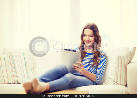 To use this stock image in your creative project, please select the size you need over to the right and click the "Add to Cart" button.
Your downloaded image will come with the Cutcaster watermark removed so don’t worry about the watermark you see on this page. smiling teenage girl with tablet pc at home stock photo, home, technology and internet concept - smiling teenge girl lying on the couch with tablet pc computer at home by Syda Productions