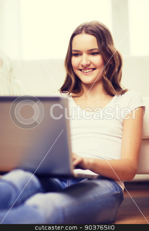 To use this stock image in your creative project, please select the size you need over to the right and click the "Add to Cart" button.
Your downloaded image will come with the Cutcaster watermark removed so don’t worry about the watermark you see on this page. smiling teenage girl with laptop computer at home stock photo, home, technology and internet concept - smiling teenage girl sitting on the floor with laptop computer at home by Syda Productions