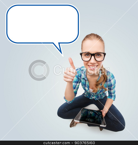 To use this stock image in your creative project, please select the size you need over to the right and click the "Add to Cart" button.
Your downloaded image will come with the Cutcaster watermark removed so don’t worry about the watermark you see on this page. smiling teen girl sitting on floor with tablet pc stock photo, communication, technology, internet, gesture and people concept - smiling teenage girl in eyeglasses holding tablet pc computer and showing thumbs up over gray background with blank white text bubble by Syda Productions