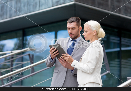 To use this stock image in your creative project, please select the size you need over to the right and click the "Add to Cart" button.
Your downloaded image will come with the Cutcaster watermark removed so don’t worry about the watermark you see on this page. businesspeople with tablet pc outdoors stock photo, business, partnership, technology and people concept - businessman and businesswoman working with tablet pc computer on city street by Syda Productions