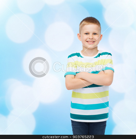 To use this stock image in your creative project, please select the size you need over to the right and click the "Add to Cart" button.
Your downloaded image will come with the Cutcaster watermark removed so don’t worry about the watermark you see on this page. little boy in casual clothes with arms crossed stock photo, happiness, childhood and people concept - smiling little boy in casual clothes with crossed arms over blue background by Syda Productions