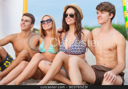 To use this stock image in your creative project, please select the size you need over to the right and click the "Add to Cart" button.
Your downloaded image will come with the Cutcaster watermark removed so don’t worry about the watermark you see on this page. smiling friends in sunglasses with surfs on beach stock photo, friendship, sea, summer vacation, water sport and people concept - group of smiling friends wearing swimwear and sunglasses with surfboards on beach by Syda Productions