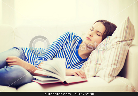 To use this stock image in your creative project, please select the size you need over to the right and click the "Add to Cart" button.
Your downloaded image will come with the Cutcaster watermark removed so don’t worry about the watermark you see on this page. smiling teenage girl sleeping on sofa at home stock photo, home and happiness concept - smiling teenage girl sleeping on sofa at home by Syda Productions