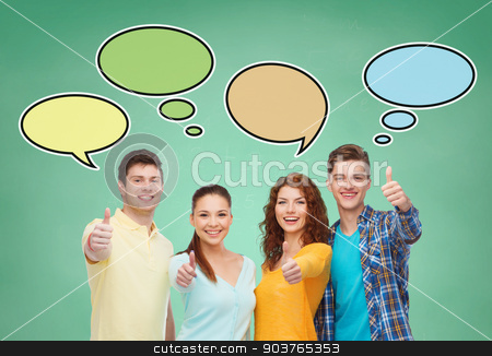 To use this stock image in your creative project, please select the size you need over to the right and click the "Add to Cart" button.
Your downloaded image will come with the Cutcaster watermark removed so don’t worry about the watermark you see on this page. group of smiling teenagers with text bubbles stock photo, school, education, communication, gesture and people concept - group of smiling teenagers showing thumbs up over green board background with text bubbles by Syda Productions