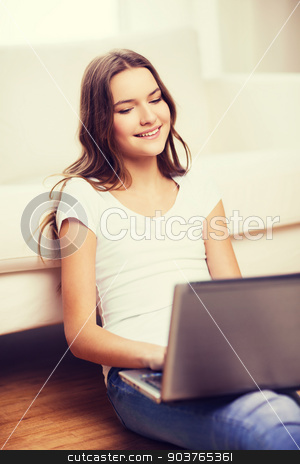 To use this stock image in your creative project, please select the size you need over to the right and click the "Add to Cart" button.
Your downloaded image will come with the Cutcaster watermark removed so don’t worry about the watermark you see on this page. smiling teenage girl with laptop computer at home stock photo, home, technology and internet concept - smiling teenage girl sitting on the floor with laptop computer at home by Syda Productions