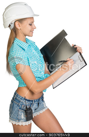 To use this stock image in your creative project, please select the size you need over to the right and click the "Add to Cart" button.
Your downloaded image will come with the Cutcaster watermark removed so don’t worry about the watermark you see on this page. Beautiful girl builder writes with ballpoint pen in office folder stock photo, Beautiful girl builder in white helmet, shorts and shirt writes with ballpoint pen in office folder. Isolated over white background by cherezoff