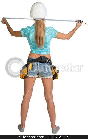 To use this stock image in your creative project, please select the size you need over to the right and click the "Add to Cart" button.
Your downloaded image will come with the Cutcaster watermark removed so don’t worry about the watermark you see on this page. Beautiful girl in white helmet, shorts and shirt holding tape-measure. Full length rear view stock photo, Beautiful girl in white helmet, shorts and shirt holding tape-measure. Full length rear view. Isolated over white background by cherezoff