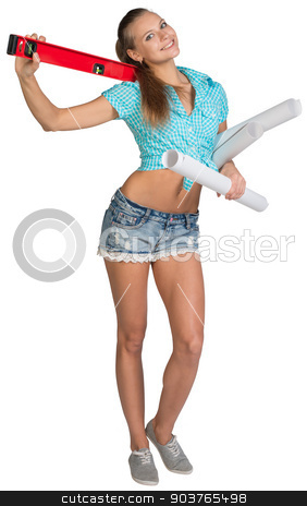 To use this stock image in your creative project, please select the size you need over to the right and click the "Add to Cart" button.
Your downloaded image will come with the Cutcaster watermark removed so don’t worry about the watermark you see on this page. Pretty woman holding paper scrolls and red building level. Full length stock photo, Pretty woman in shorts and shirt smiling and holding paper scrolls and red building level. Full length. Isolated over white background by cherezoff