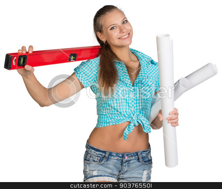 To use this stock image in your creative project, please select the size you need over to the right and click the "Add to Cart" button.
Your downloaded image will come with the Cutcaster watermark removed so don’t worry about the watermark you see on this page. Pretty woman holding paper scrolls and red building level stock photo, Pretty woman in shorts and shirt smiling and holding paper scrolls and red building level. Isolated over white background by cherezoff