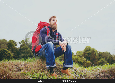 To use this stock image in your creative project, please select the size you need over to the right and click the "Add to Cart" button.
Your downloaded image will come with the Cutcaster watermark removed so don’t worry about the watermark you see on this page. man with backpack hiking stock photo, adventure, travel, tourism, hike and people concept - smiling man with red backpack sitting on ground by Syda Productions