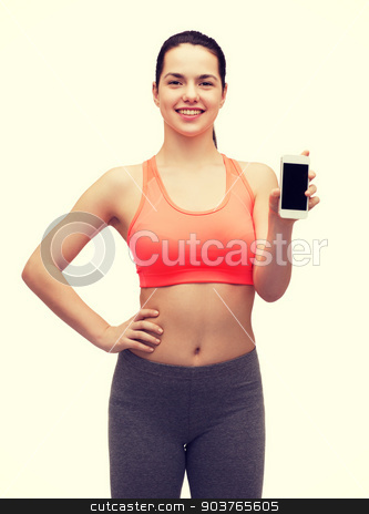 To use this stock image in your creative project, please select the size you need over to the right and click the "Add to Cart" button.
Your downloaded image will come with the Cutcaster watermark removed so don’t worry about the watermark you see on this page. sporty woman with smartphone stock photo, sport, excercise, technology, internet and healthcare - sporty woman with blank smartphone screen by Syda Productions