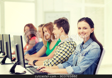To use this stock image in your creative project, please select the size you need over to the right and click the "Add to Cart" button.
Your downloaded image will come with the Cutcaster watermark removed so don’t worry about the watermark you see on this page. female student with classmates in computer class stock photo, education, technology and school concept - smiling female student with classmates in computer class at school by Syda Productions