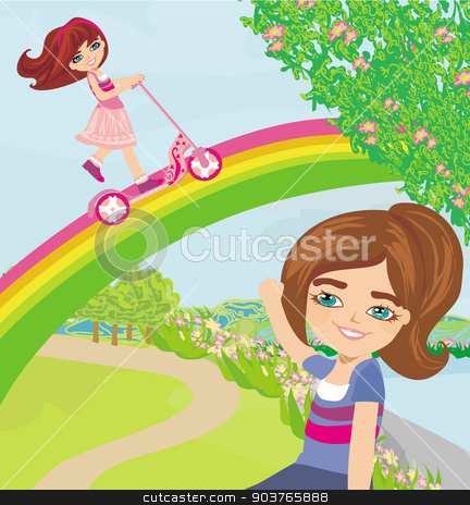 To use this stock image in your creative project, please select the size you need over to the right and click the "Add to Cart" button.
Your downloaded image will come with the Cutcaster watermark removed so don’t worry about the watermark you see on this page. Fun on a rainbow stock vector clipart, Fun on a rainbow by Jacky Brown