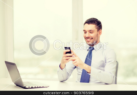 To use this stock image in your creative project, please select the size you need over to the right and click the "Add to Cart" button.
Your downloaded image will come with the Cutcaster watermark removed so don’t worry about the watermark you see on this page. businessman with laptop and smartphone at office stock photo, business, office and technology concept - smiling businessman with laptop computer and smartphone at office by Syda Productions