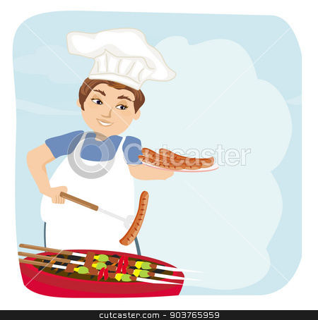 To use this stock image in your creative project, please select the size you need over to the right and click the "Add to Cart" button.
Your downloaded image will come with the Cutcaster watermark removed so don’t worry about the watermark you see on this page. man baked sausage on grill. stock vector clipart, man baked sausage on grill. by Jacky Brown