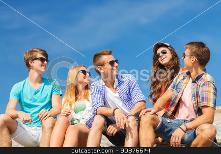 To use this stock image in your creative project, please select the size you need over to the right and click the "Add to Cart" button.
Your downloaded image will come with the Cutcaster watermark removed so don’t worry about the watermark you see on this page. group of smiling friends sitting on city street stock photo, friendship, leisure, summer and people concept - group of smiling friends sitting on city street by Syda Productions