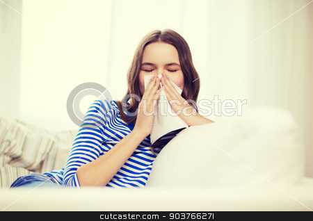 To use this stock image in your creative project, please select the size you need over to the right and click the "Add to Cart" button.
Your downloaded image will come with the Cutcaster watermark removed so don’t worry about the watermark you see on this page. sick teenage girl with paper tissue stock photo, healthcare, medicine and home concept - sick teenage girl with paper tissue by Syda Productions