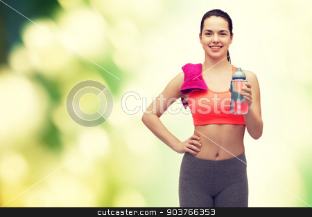 To use this stock image in your creative project, please select the size you need over to the right and click the "Add to Cart" button.
Your downloaded image will come with the Cutcaster watermark removed so don’t worry about the watermark you see on this page. sporty woman with towel and water bottle stock photo, sport, exercise and healthcare - sporty woman with pink towel and water bottle by Syda Productions
