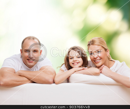 To use this stock image in your creative project, please select the size you need over to the right and click the "Add to Cart" button.
Your downloaded image will come with the Cutcaster watermark removed so don’t worry about the watermark you see on this page. happy family at home stock photo, family, childhood, ecology and people - smiling mother, father and little girl over green background by Syda Productions