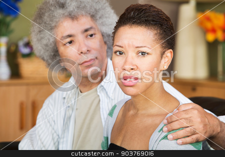 To use this stock image in your creative project, please select the size you need over to the right and click the "Add to Cart" button.
Your downloaded image will come with the Cutcaster watermark removed so don’t worry about the watermark you see on this page. Concerned Woman with Spouse stock photo, Concerned young woman with caring mature husband by Scott Griessel