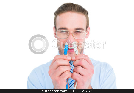 To use this stock image in your creative project, please select the size you need over to the right and click the "Add to Cart" button.
Your downloaded image will come with the Cutcaster watermark removed so don’t worry about the watermark you see on this page. Geeky businessman holding two cables stock photo, Geeky businessman holding two cables on white background by Wavebreak Media