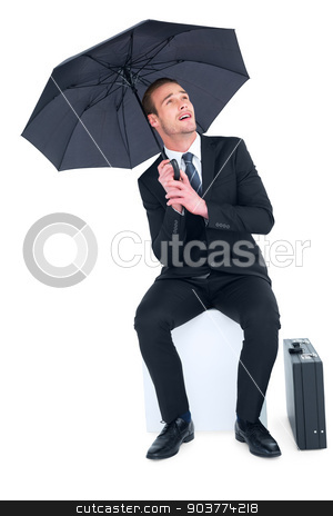 To use this stock image in your creative project, please select the size you need over to the right and click the "Add to Cart" button.
Your downloaded image will come with the Cutcaster watermark removed so don’t worry about the watermark you see on this page. Smiling businessman under umbrella sitting on cube stock photo, Smiling businessman under umbrella sitting on cube on white background by Wavebreak Media