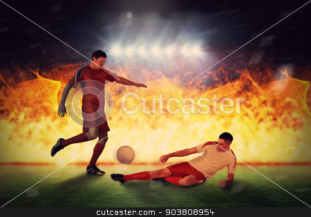 To use this stock image in your creative project, please select the size you need over to the right and click the "Add to Cart" button.
Your downloaded image will come with the Cutcaster watermark removed so don’t worry about the watermark you see on this page. Composite image of football players tackling for the ball stock photo, Football players tackling for the ball against football pitch under spotlights by Wavebreak Media