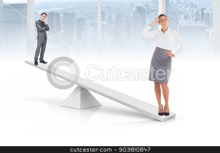 To use this stock image in your creative project, please select the size you need over to the right and click the "Add to Cart" button.
Your downloaded image will come with the Cutcaster watermark removed so don’t worry about the watermark you see on this page. White scales weighing businessman and businesswoman stock photo, White scales weighing businessman and businesswoman in white room overlooking city by Wavebreak Media