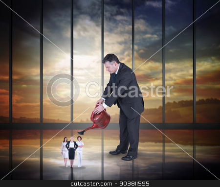To use this stock image in your creative project, please select the size you need over to the right and click the "Add to Cart" button.
Your downloaded image will come with the Cutcaster watermark removed so don’t worry about the watermark you see on this page. Composite image of mature businessman watering tiny business wom stock photo, Mature businessman watering tiny business women against room with large window looking on landscape by Wavebreak Media