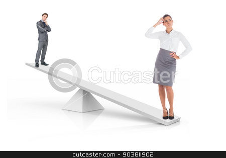 To use this stock image in your creative project, please select the size you need over to the right and click the "Add to Cart" button.
Your downloaded image will come with the Cutcaster watermark removed so don’t worry about the watermark you see on this page. White scales weighing businessman and businesswoman stock photo, White scales weighing businessman and businesswoman on white background by Wavebreak Media