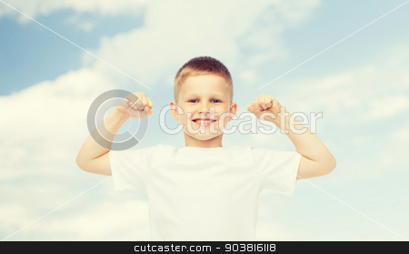 To use this stock image in your creative project, please select the size you need over to the right and click the "Add to Cart" button.
Your downloaded image will come with the Cutcaster watermark removed so don’t worry about the watermark you see on this page. happy little boy in white t-shirt flexing biceps stock photo, advertising, ecology, people and childhood concept - smiling little boy in white blank t-shirt flexing biceps over blue sky background by Syda Productions