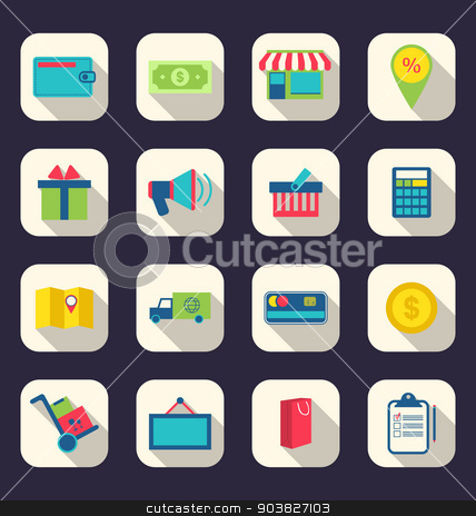 To use this stock image in your creative project, please select the size you need over to the right and click the "Add to Cart" button.
Your downloaded image will come with the Cutcaster watermark removed so don’t worry about the watermark you see on this page. Flat icons of e-commerce shopping symbol, online shop elements a stock vector clipart, Illustration flat icons of e-commerce shopping symbol, online shop elements and commerce item, long shadow effect - vector by -=Mad Dog=-