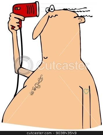 To use this stock image in your creative project, please select the size you need over to the right and click the "Add to Cart" button.
Your downloaded image will come with the Cutcaster watermark removed so don’t worry about the watermark you see on this page. Bald man blow drying his hair stock photo, This illustration depicts a bald man blow drying his hairs. by Dennis Cox