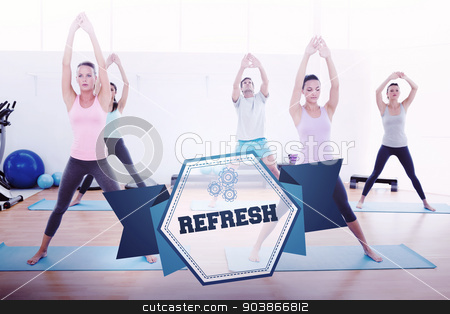 To use this stock image in your creative project, please select the size you need over to the right and click the "Add to Cart" button.
Your downloaded image will come with the Cutcaster watermark removed so don’t worry about the watermark you see on this page. The word refresh and sporty class doing pilate exercises stock photo, The word refresh and sporty class doing pilate exercises in fitness studio against hexagon by Wavebreak Media