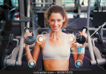 To use this stock image in your creative project, please select the size you need over to the right and click the "Add to Cart" button.
Your downloaded image will come with the Cutcaster watermark removed so don’t worry about the watermark you see on this page. Composite image of fit smiling woman using the weights machine f stock photo, Fit smiling woman using the weights machine for her arms against fitness interface by Wavebreak Media