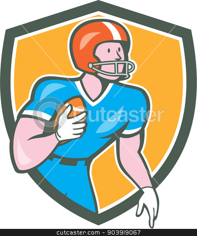 To use this stock image in your creative project, please select the size you need over to the right and click the "Add to Cart" button.
Your downloaded image will come with the Cutcaster watermark removed so don’t worry about the watermark you see on this page. American Football Player Rusher Shield Retro stock vector clipart, Illustration of an american football gridiron player holding ball rusher running looking to the side set inside shield crest on isolated background done in cartoon style. by patrimonio