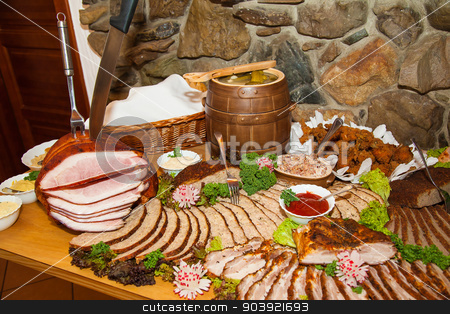 To use this stock image in your creative project, please select the size you need over to the right and click the "Add to Cart" button.
Your downloaded image will come with the Cutcaster watermark removed so don’t worry about the watermark you see on this page. Lot of food on the table stock photo, Lot of different food on the table by Ryszard Sarama