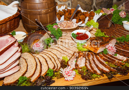 To use this stock image in your creative project, please select the size you need over to the right and click the "Add to Cart" button.
Your downloaded image will come with the Cutcaster watermark removed so don’t worry about the watermark you see on this page. Lot of food on the table stock photo, Lot of different food on the table by Ryszard Sarama