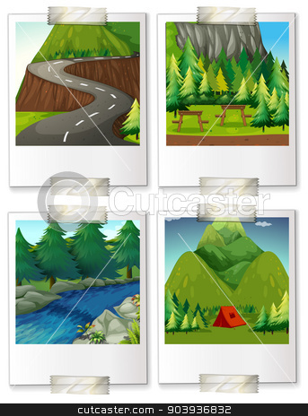To use this stock image in your creative project, please select the size you need over to the right and click the "Add to Cart" button.
Your downloaded image will come with the Cutcaster watermark removed so don’t worry about the watermark you see on this page. Campsites stock vector clipart, four pictures of camping scenes by Matthew Cole