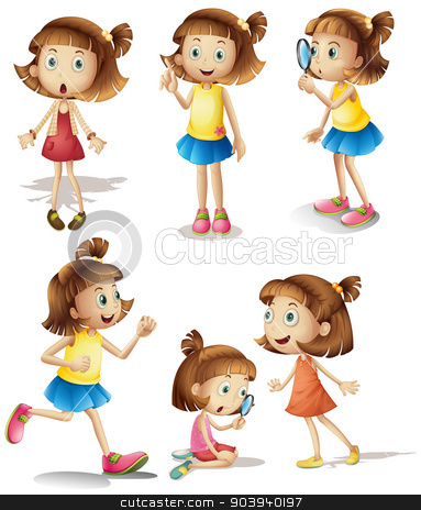 To use this stock image in your creative project, please select the size you need over to the right and click the "Add to Cart" button.
Your downloaded image will come with the Cutcaster watermark removed so don’t worry about the watermark you see on this page. Girls actions stock vector clipart, Illustration of girls with different actions by Matthew Cole