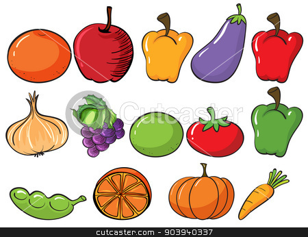 To use this stock image in your creative project, please select the size you need over to the right and click the "Add to Cart" button.
Your downloaded image will come with the Cutcaster watermark removed so don’t worry about the watermark you see on this page. Healthy fruits and vegetables stock vector clipart, Illustration of the healthy fruits and vegetables on a white background by Matthew Cole