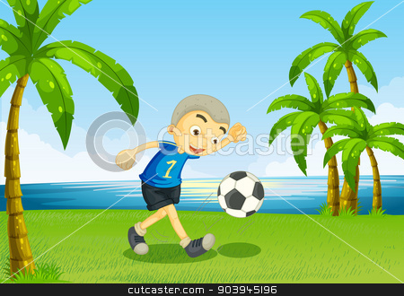 To use this stock image in your creative project, please select the size you need over to the right and click the "Add to Cart" button.
Your downloaded image will come with the Cutcaster watermark removed so don’t worry about the watermark you see on this page. A young soccer player at the riverside with palm trees stock vector clipart, Illustration of a young soccer player at the riverside with palm trees by Matthew Cole