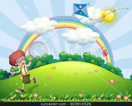 To use this stock image in your creative project, please select the size you need over to the right and click the "Add to Cart" button.
Your downloaded image will come with the Cutcaster watermark removed so don’t worry about the watermark you see on this page. A boy playing with his kite at the hilltop with a rainbow stock vector clipart, Illustration of a boy playing with his kite at the hilltop with a rainbow by Matthew Cole