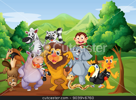 To use this stock image in your creative project, please select the size you need over to the right and click the "Add to Cart" button.
Your downloaded image will come with the Cutcaster watermark removed so don’t worry about the watermark you see on this page. A group of animals at the jungle stock vector clipart, Illustration of a group of animals at the jungle by Matthew Cole